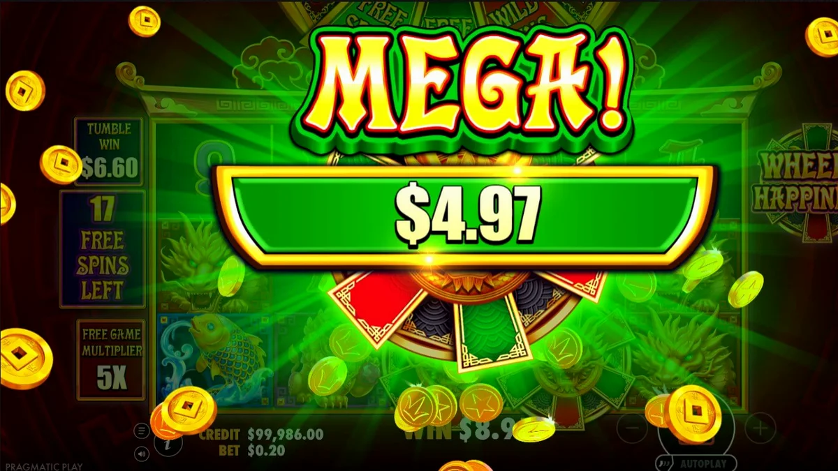 Tampilan visual slot Wheel of Happiness dengan nuansa emas dan merah