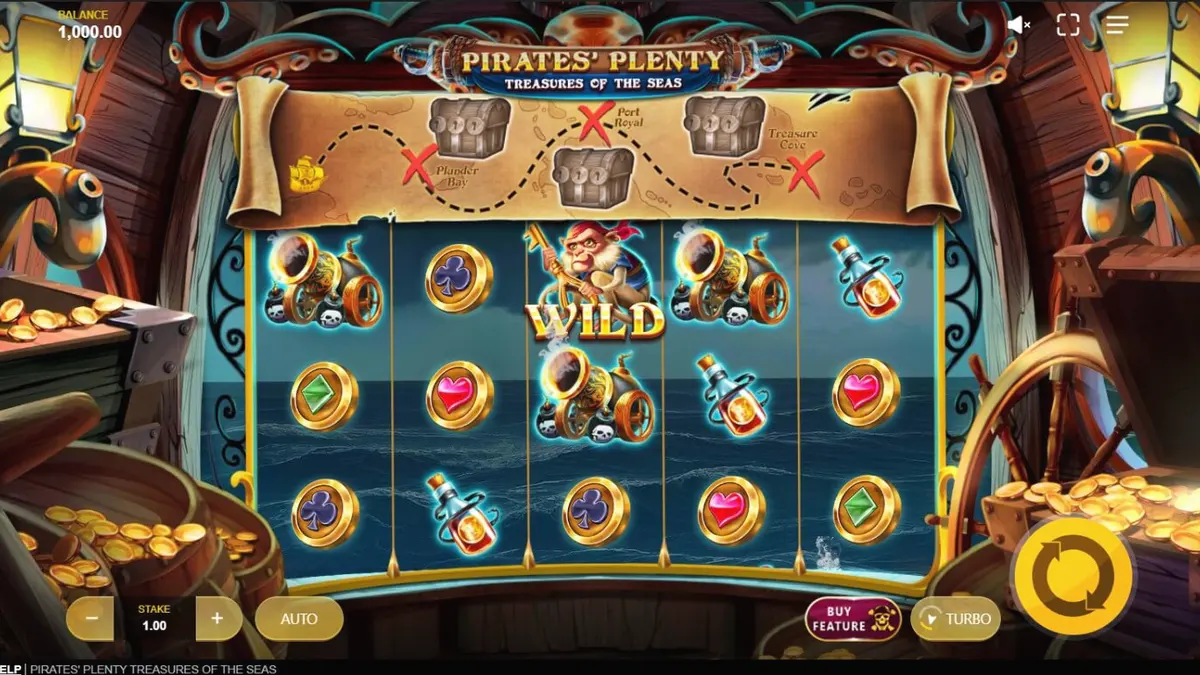 Pemandangan dek kapal bajak laut dalam slot Pirates’ Plenty: Treasures of the Seas