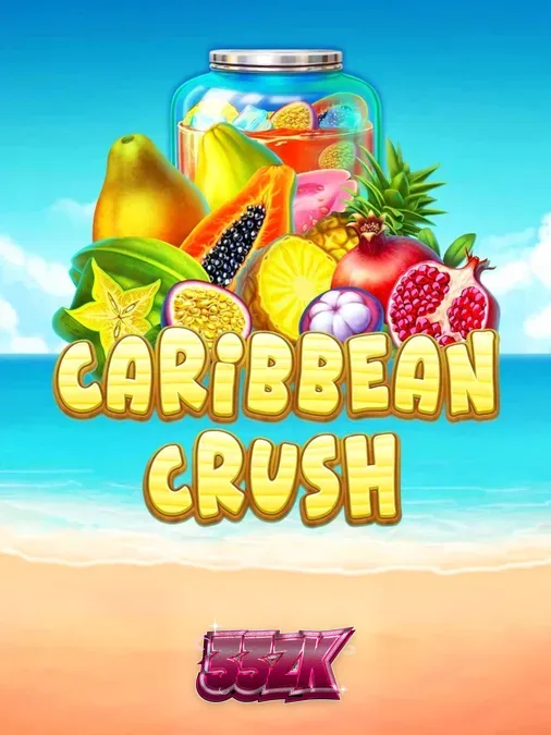 Pemandangan pantai tropis yang cerah dengan simbol buah eksotis di gulungan slot Caribbean Crush.