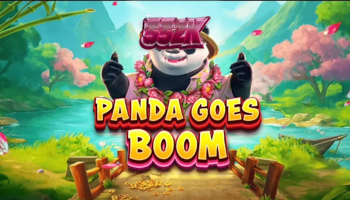 Panda Goes Boom slot dengan latar belakang taman tropis dan panda yang santai